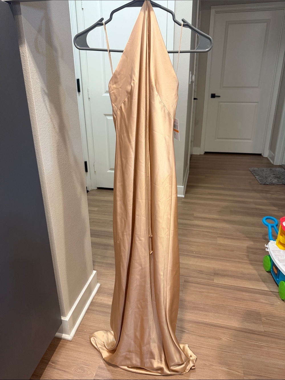 Morgan & Co. Satin Halter Gown in Champagne Gold